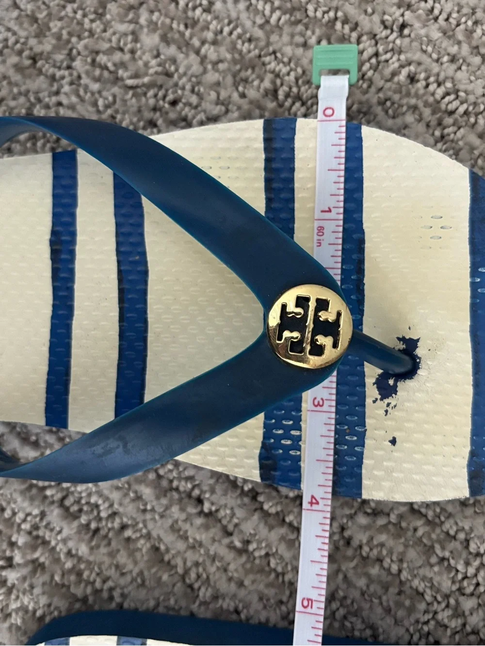 Tory Burch Blue Stripe Logo Medallion Rubber Flip Flops Sandals Women’s Size 8